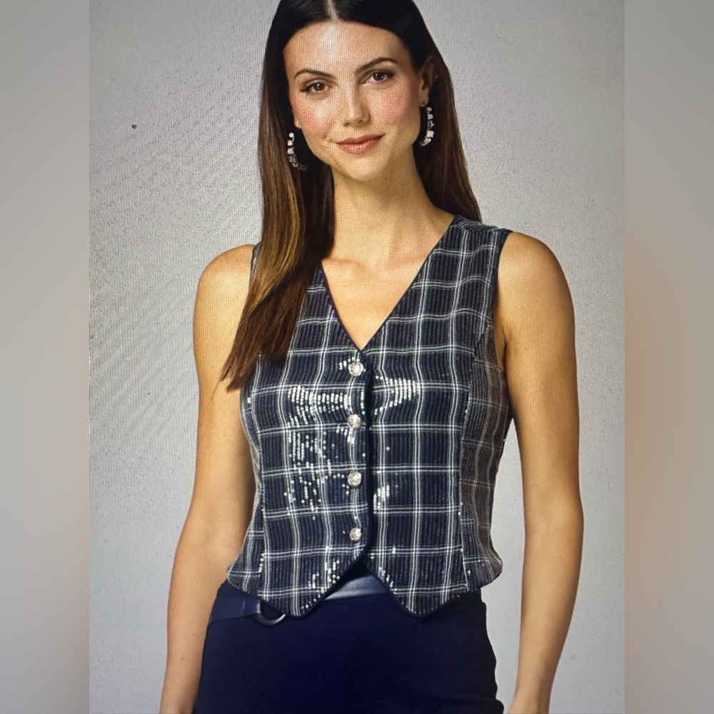 Cache Black and White Checkered Button-Up Vest